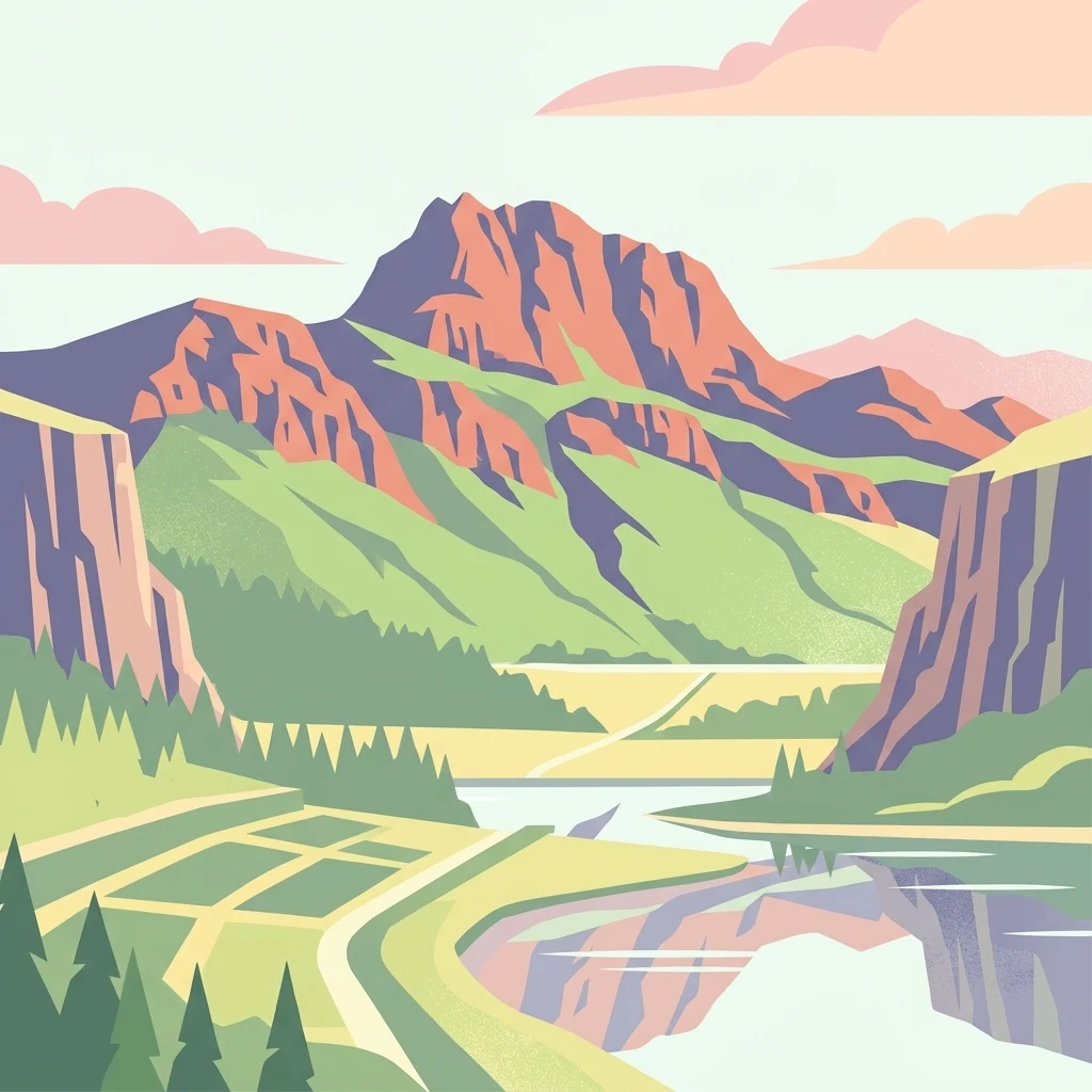 A flat-design illustration showing towering, jagged mountain peaks in the background with a river winding through a valley and surrounding coniferous forests.