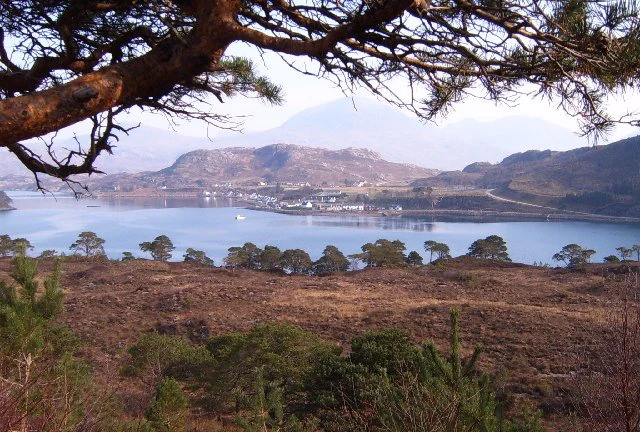 A wide, eye-level view of a village nestled along the shore of a calm sea loch, surrounded by rolling hills and mountains under a clear sky, with pine branches visible in the upper foreground.