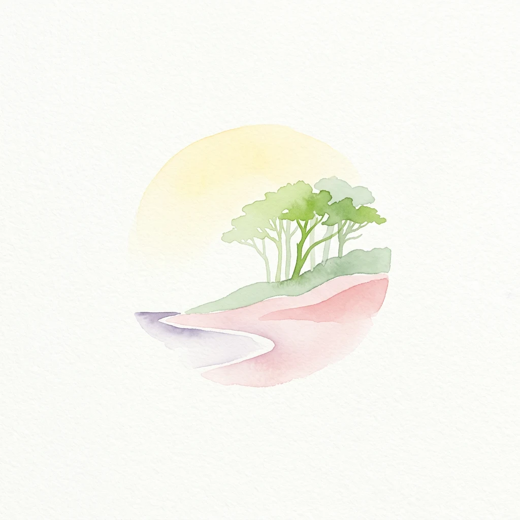 Watercolor painting showing a yellow sun, green trees on a hill, and a winding path with blue water