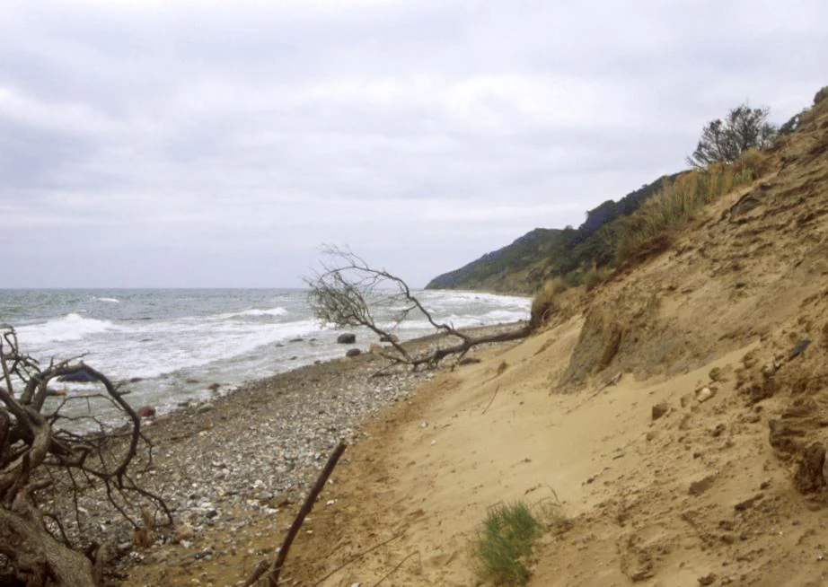 Sandy cliffside, pebbly beach, and Baltic Sea waves under overcast sky