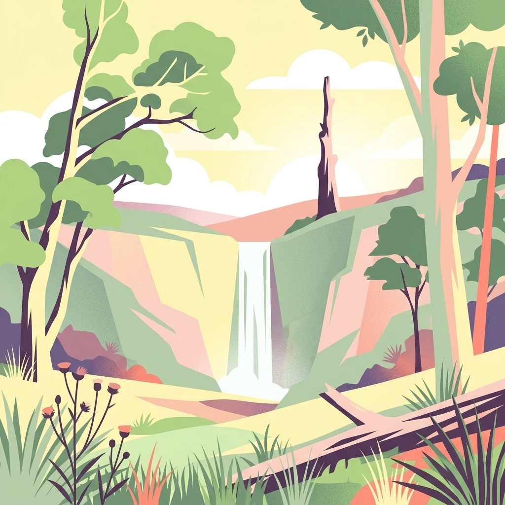 An illustration showing a waterfall flowing over a cliff into a valley surrounded by gum trees and native grasses.