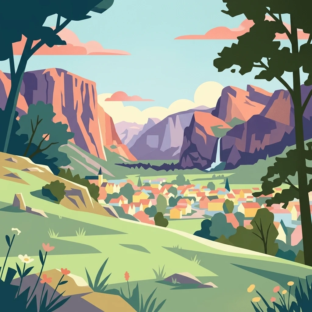 A colorful digital illustration showing a town nestled in a valley surrounded by steep cliffs and forested hills, with a small waterfall visible in the background.