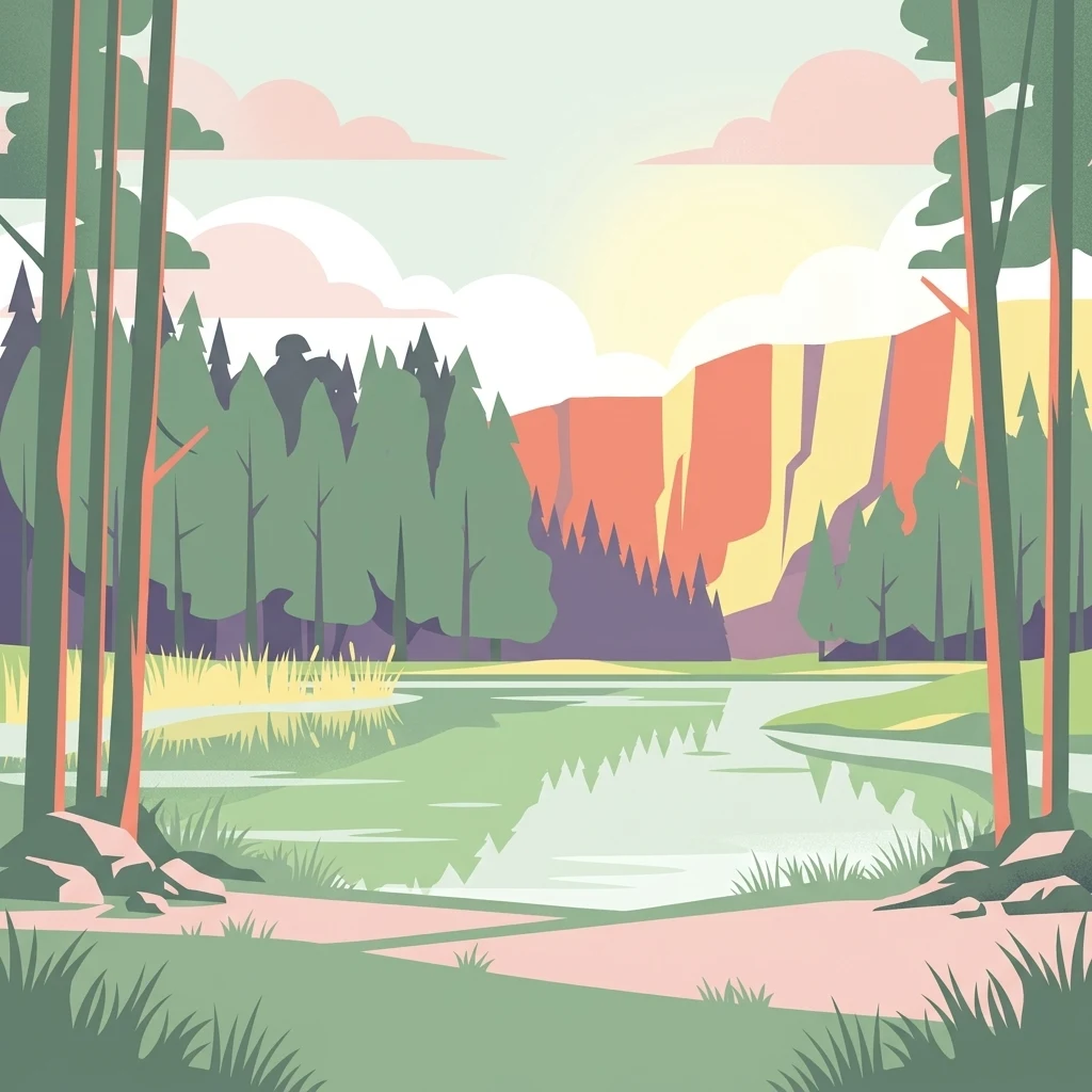 A flat-style digital illustration depicting a calm lake framed by pine trees in the foreground, with distant rock formations and clouds in the background.