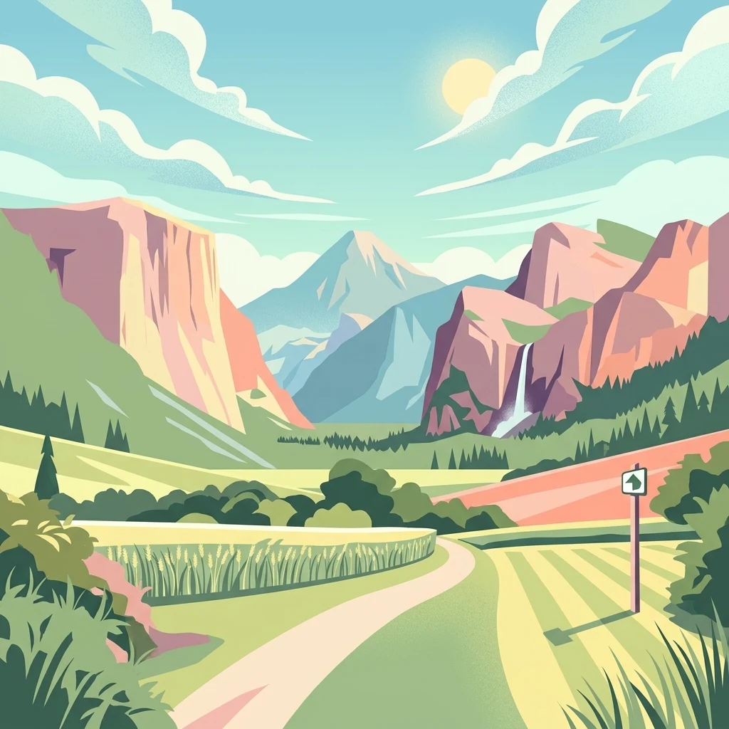 A stylized digital illustration of a valley between rocky mountains under a sunny sky with a waterfall on the right and a signpost in the foreground.