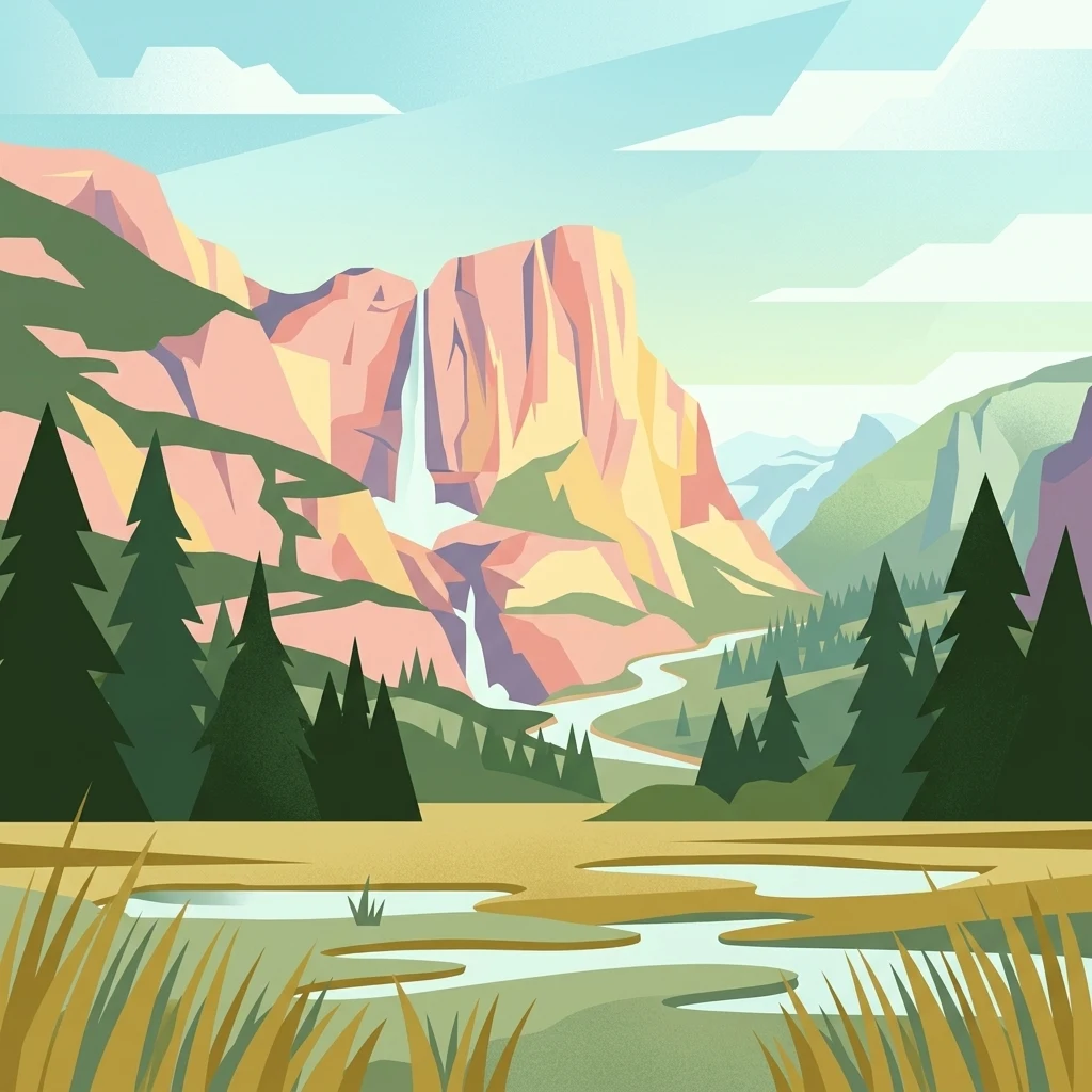 Digital illustration of a mountain landscape featuring a waterfall cascading between cliffs, a winding river, coniferous forests, and a marshy foreground with tall grasses.