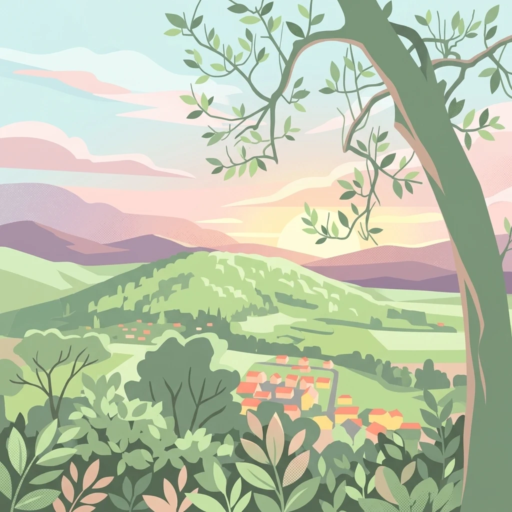 A stylized digital illustration of a valley landscape at sunset, featuring a tree in the foreground, rolling green hills, and a small village nestled in the valley.