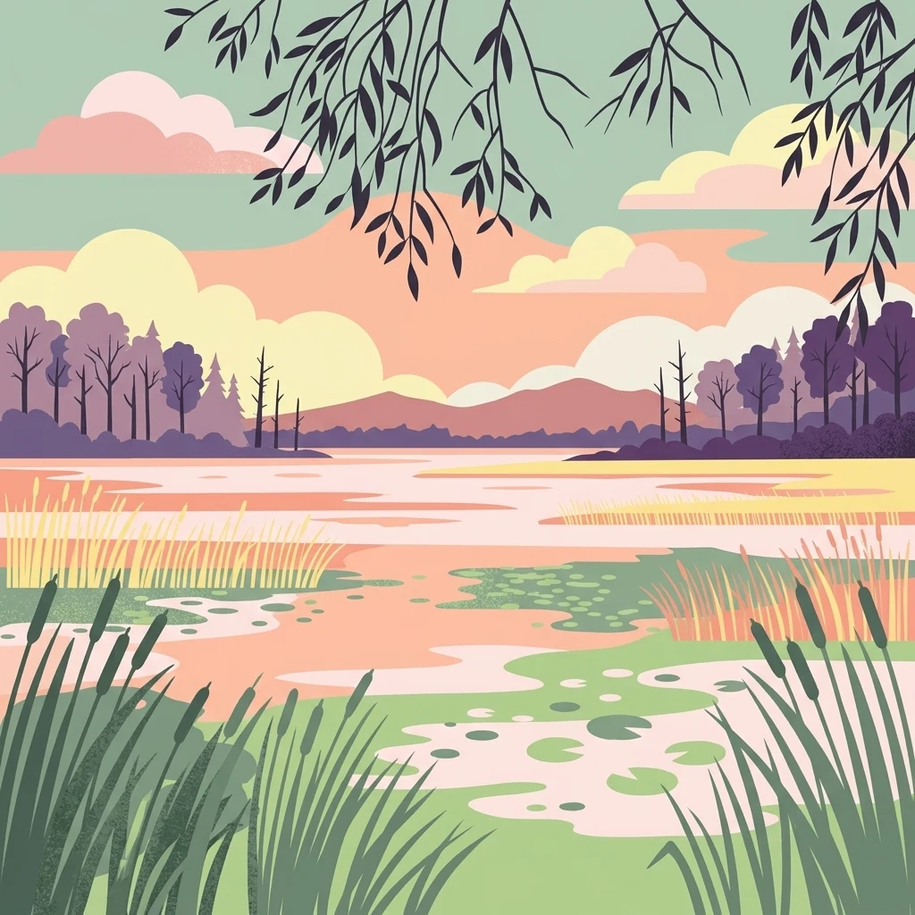 A stylized digital illustration of a wetland landscape featuring reeds, cattails, lily pads, and a calm lake at sunset with distant hills.