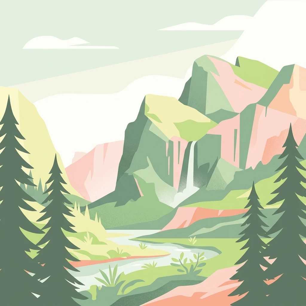 A flat-style digital illustration of a mountain valley featuring tall pine trees in the foreground, a river flowing through the center, and steep, rocky mountain peaks with a waterfall in the background.