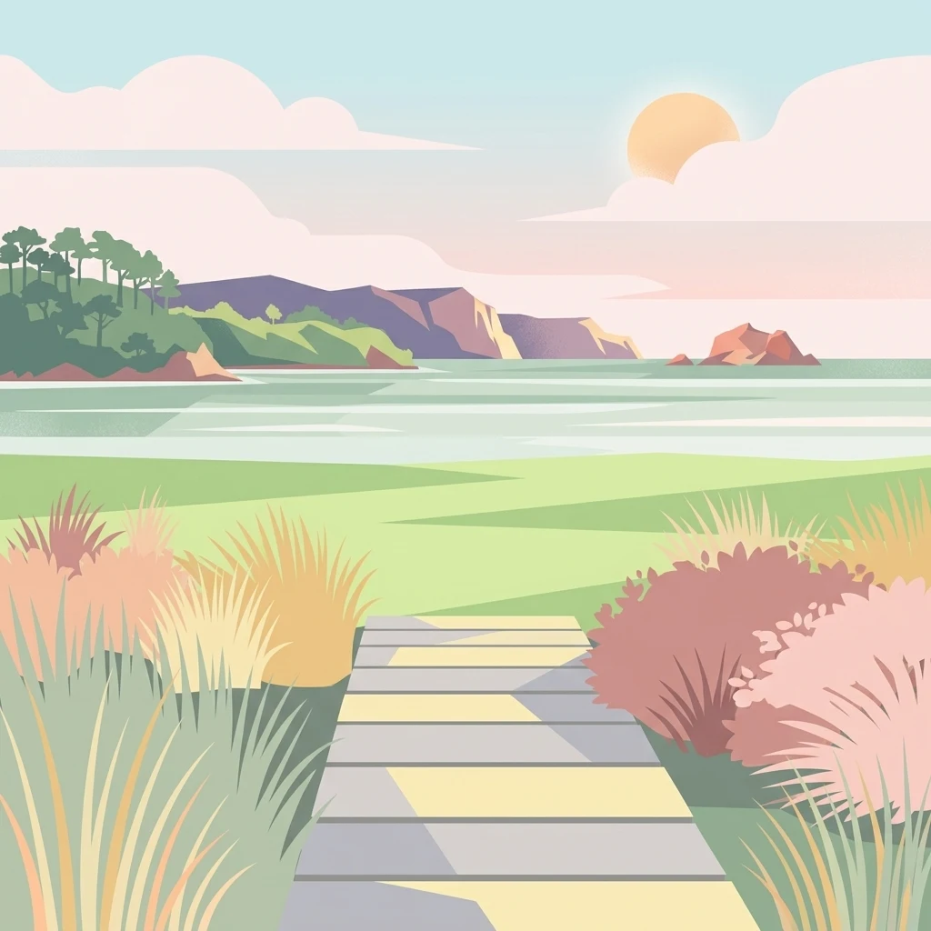 A flat-style digital illustration depicting a wooden boardwalk path leading through grassy coastal dunes toward a serene bay with forested headlands and a setting sun in the distance.