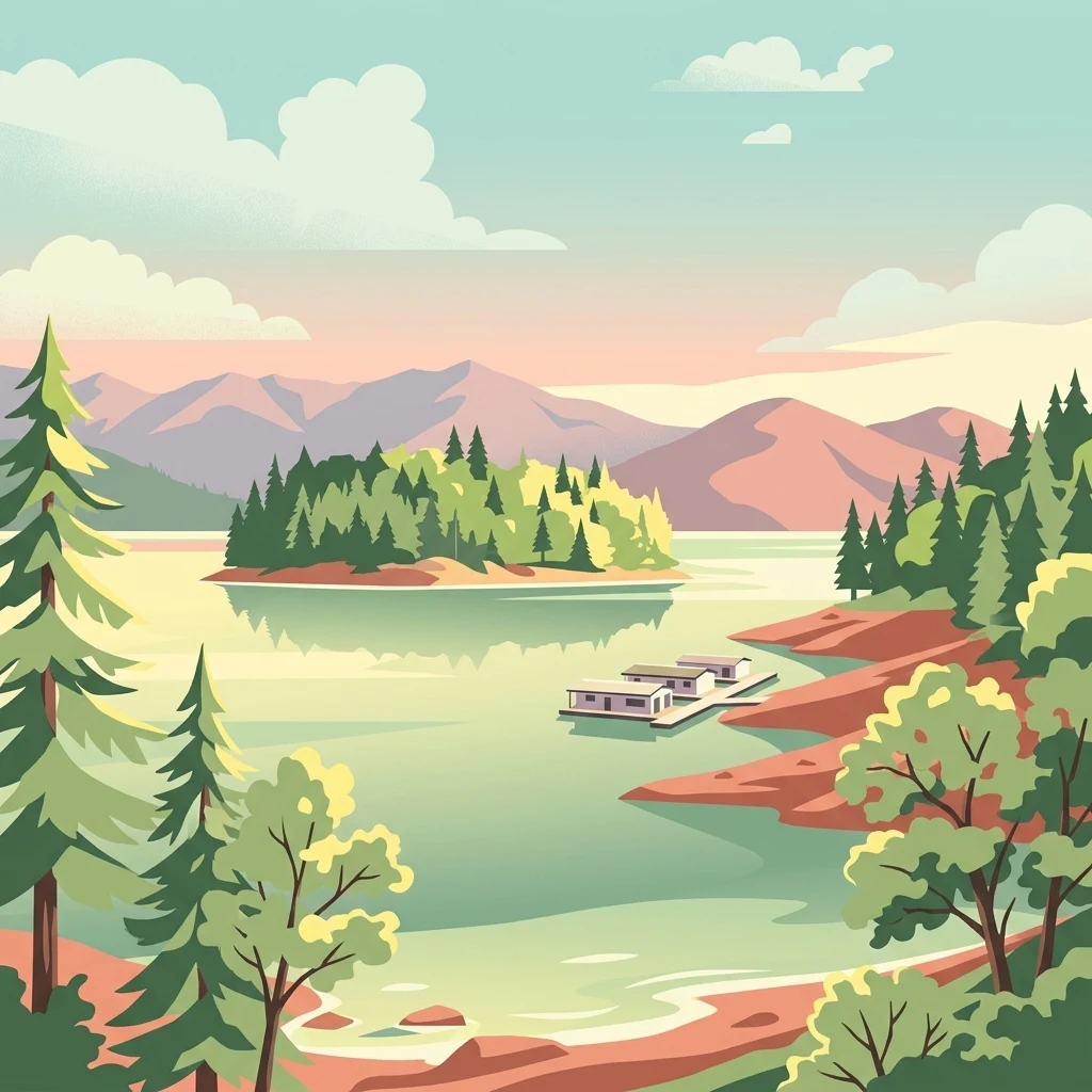 A digital illustration showing a calm reservoir lake surrounded by forested shores and distant mountains, with a small dock and floating structures on the water.