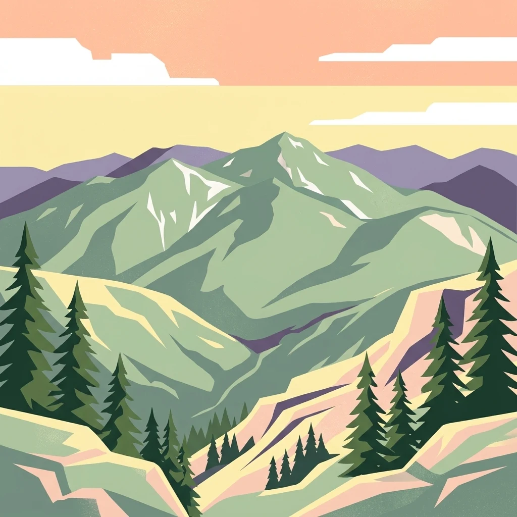 A digital illustration depicting a mountainous landscape with evergreen trees in the foreground, rolling green ridges, and a soft sunset sky.