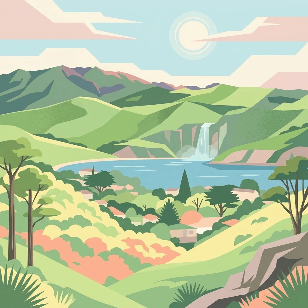 A flat-style digital illustration depicting a scenic coastal landscape with rolling green hills, a waterfall cascading into a bay, and a cluster of buildings nestled in the valley.