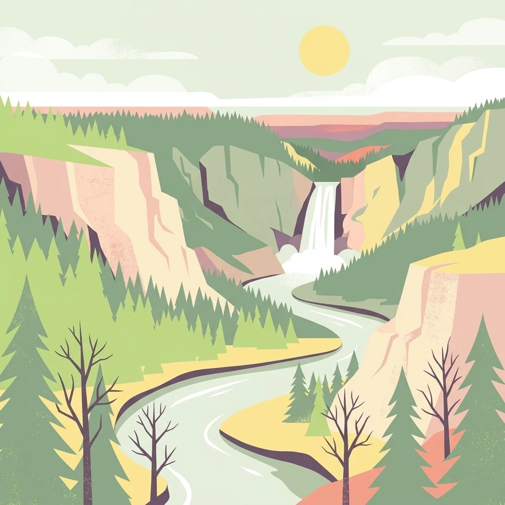 A flat vector-style illustration of a canyon with a winding river and a waterfall in the distance, surrounded by evergreen trees under a soft sun.
