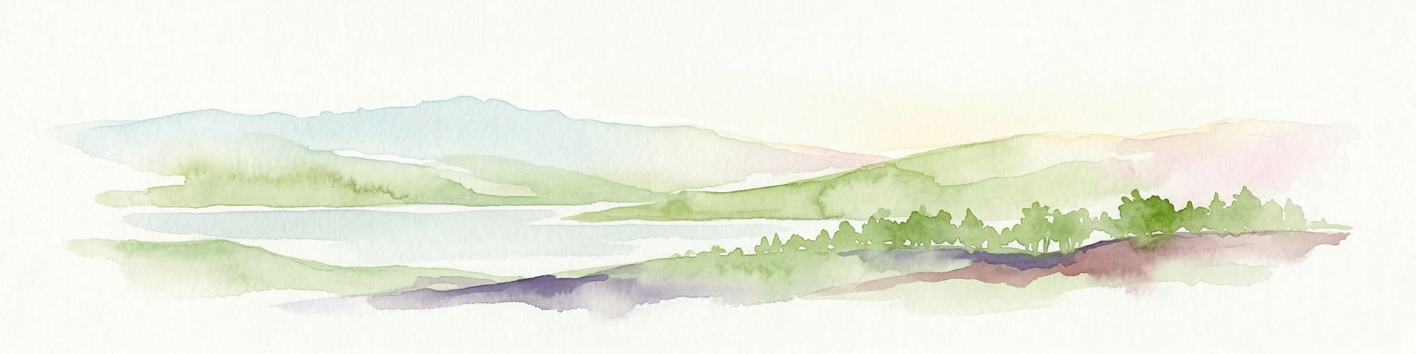 Ilustración en acuarela de un paisaje con montañas, un lago y árboles