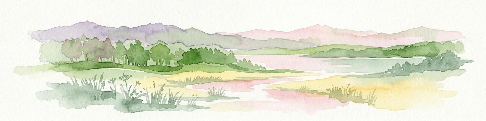 Watercolor painting of a landscape with hills, a lake, and forested areas