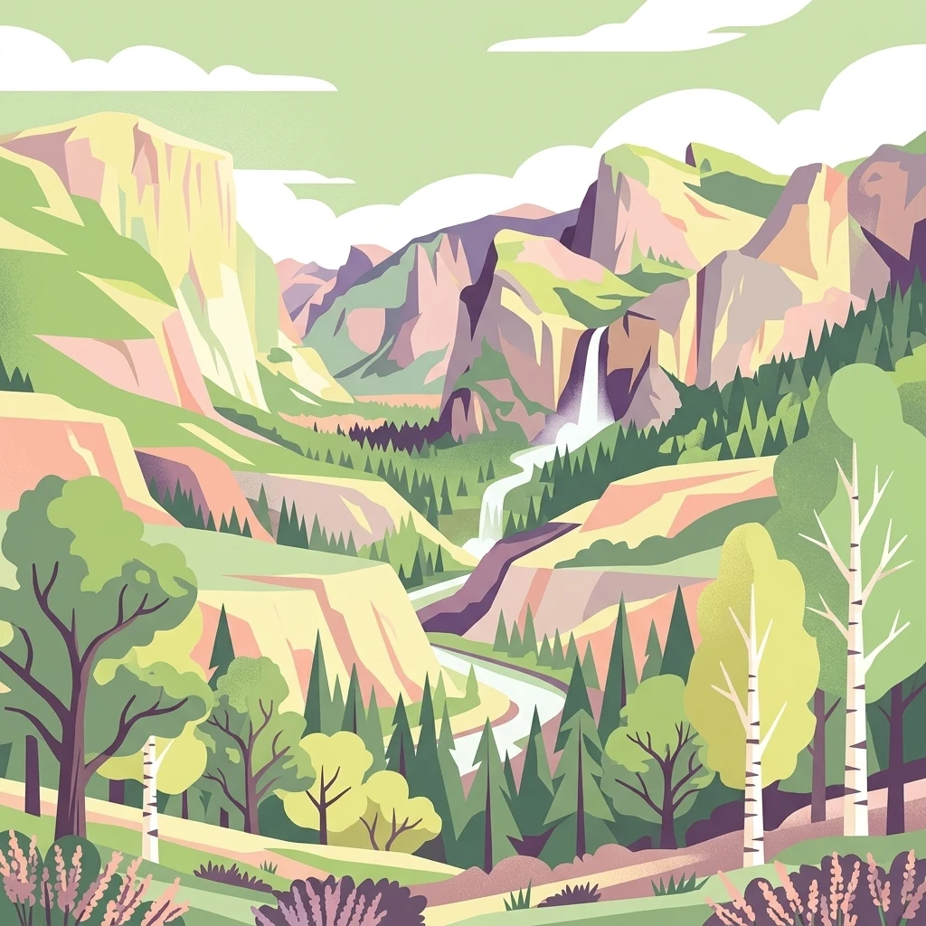 Digital illustration of a deep mountain valley with granite cliff sides, a waterfall cascading down the central cliff, a river winding through the valley floor, and a forest of evergreen and deciduous trees in the foreground.