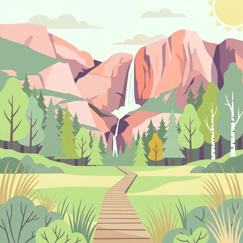 A flat-style digital illustration showing a wooden boardwalk leading toward a central mountain range with a cascading waterfall, surrounded by evergreen and deciduous trees, with a sun shining in the top right corner.