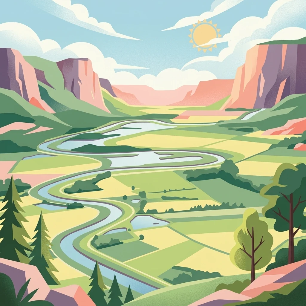 A stylized flat illustration of a river winding through green and yellow agricultural meadows, bordered by low cliffs and hills under a sunny sky.