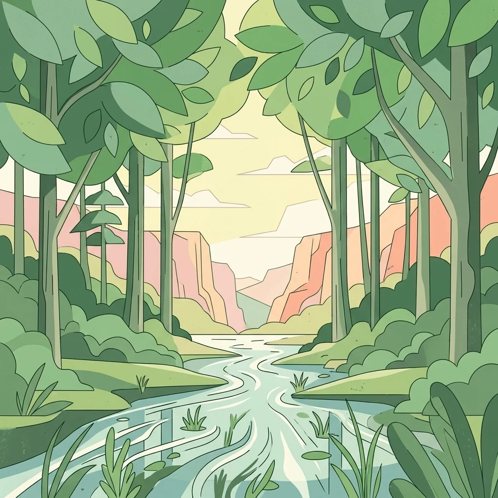Una ilustración digital de estilo plano que muestra un río serpenteante fluyendo por un valle verde y frondoso con árboles en ambas orillas y colinas al fondo.