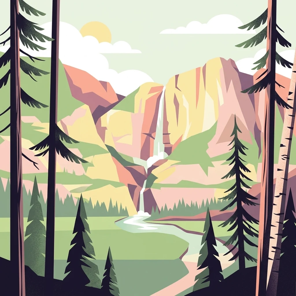 Una ilustración digital de un valle montañoso con una cascada escalonada que desciende hasta un río, enmarcada por pinos estilizados en primer plano.