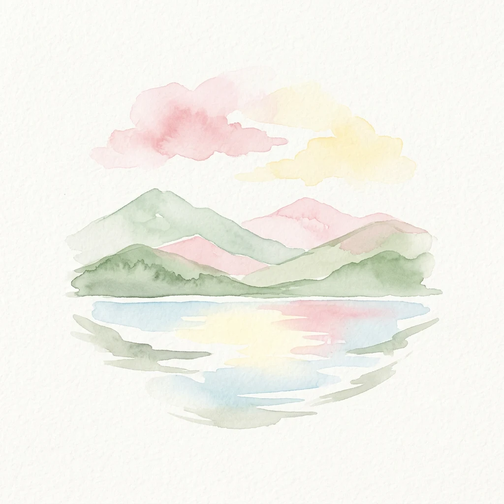 Watercolor illustration of mountains, lake, and clouds