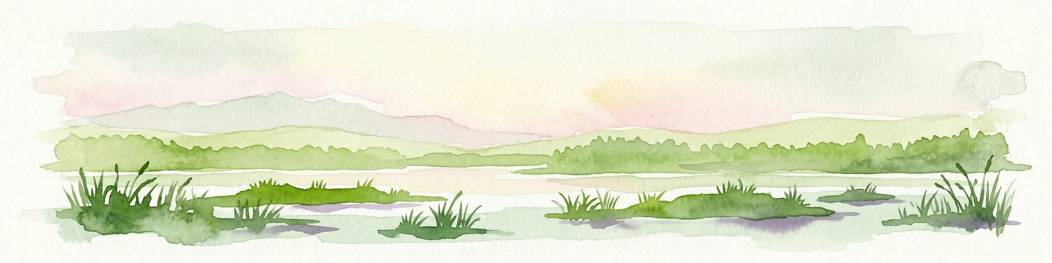 Ilustración en acuarela que muestra lagos, vegetación verde y colinas al fondo