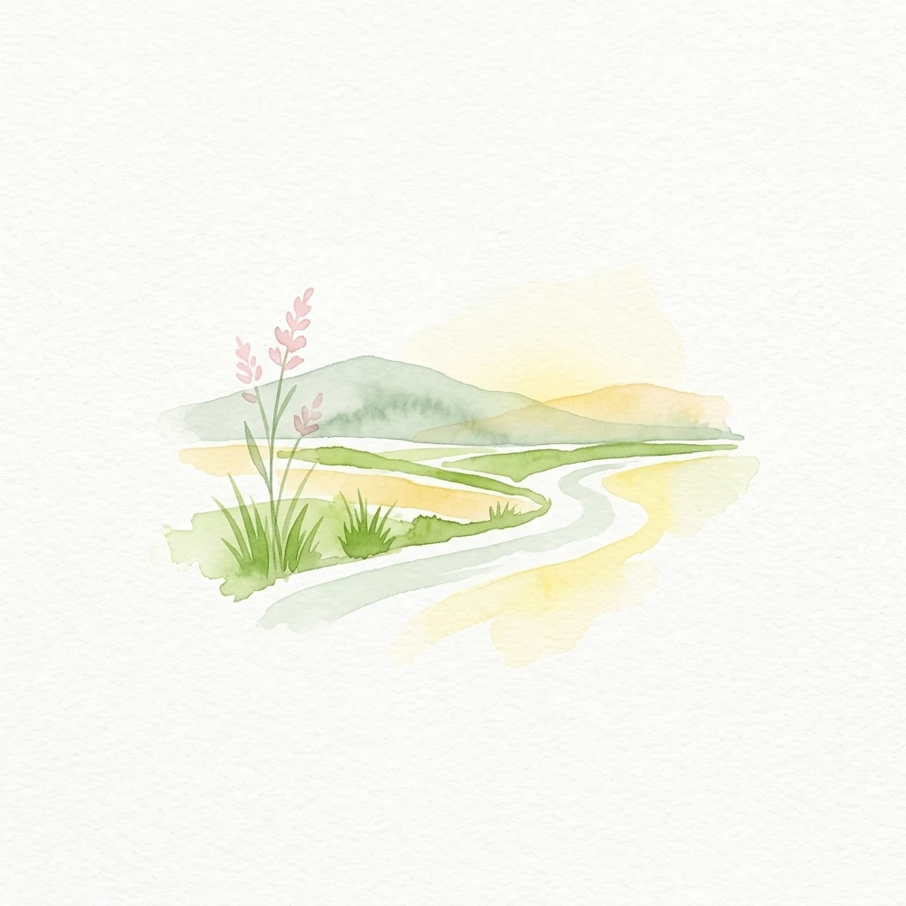 Watercolor painting showing a winding path through a bog landscape with green vegetation, pink flowers, and distant mountains under a yellow sky.