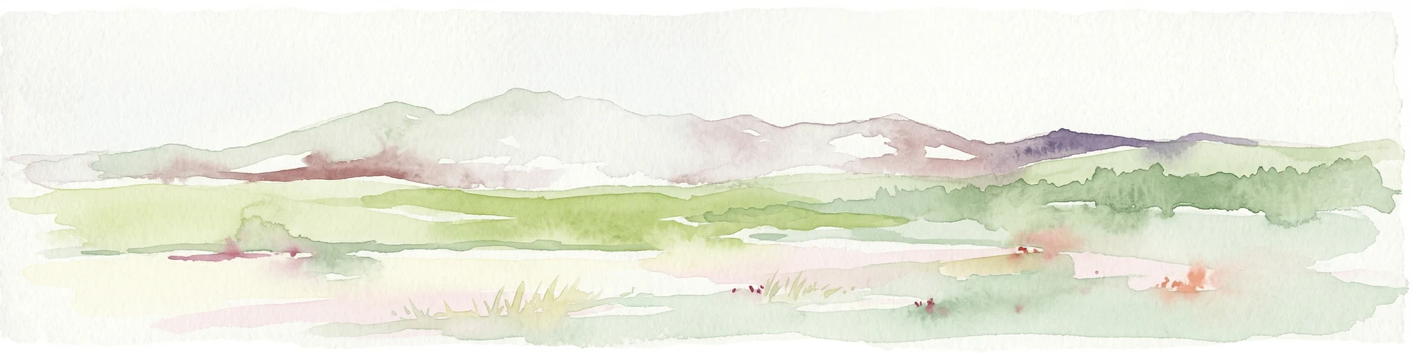 Ilustración acuarela de un paisaje montañoso con prados verdes en primer plano y montañas distantes bajo un cielo pálido