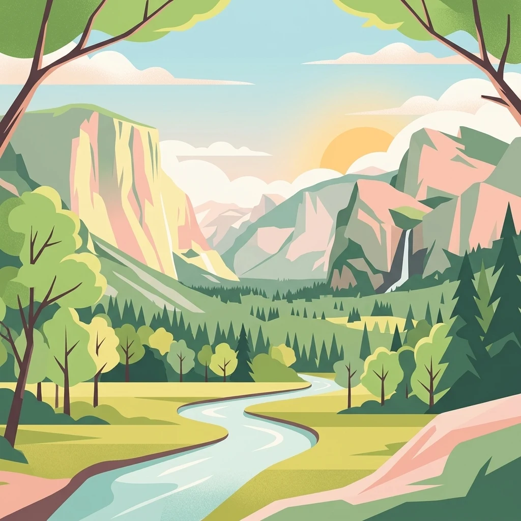 A flat vector illustration of a valley between tall mountains with a winding river flowing through the center. Pine trees and deciduous trees line the banks of the river under a soft sunrise sky.