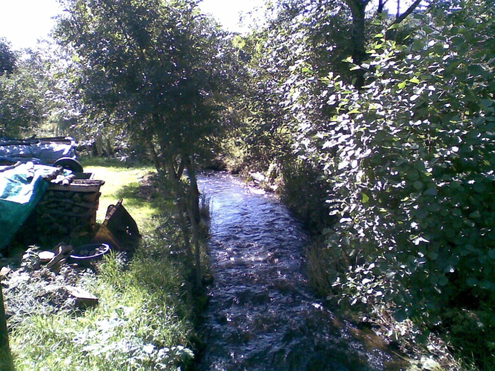 A small, narrow stream flowing through a tree-lined channel with a grassy bank and some storage materials on the left side.