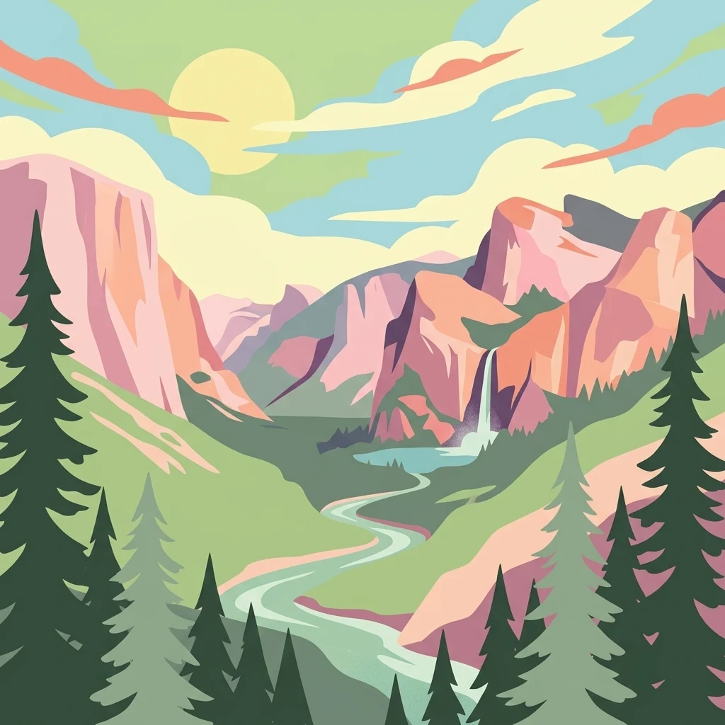 A stylized vector illustration of a valley between rocky mountains with a river, a small waterfall, and pine trees in the foreground, set against a sunset sky.