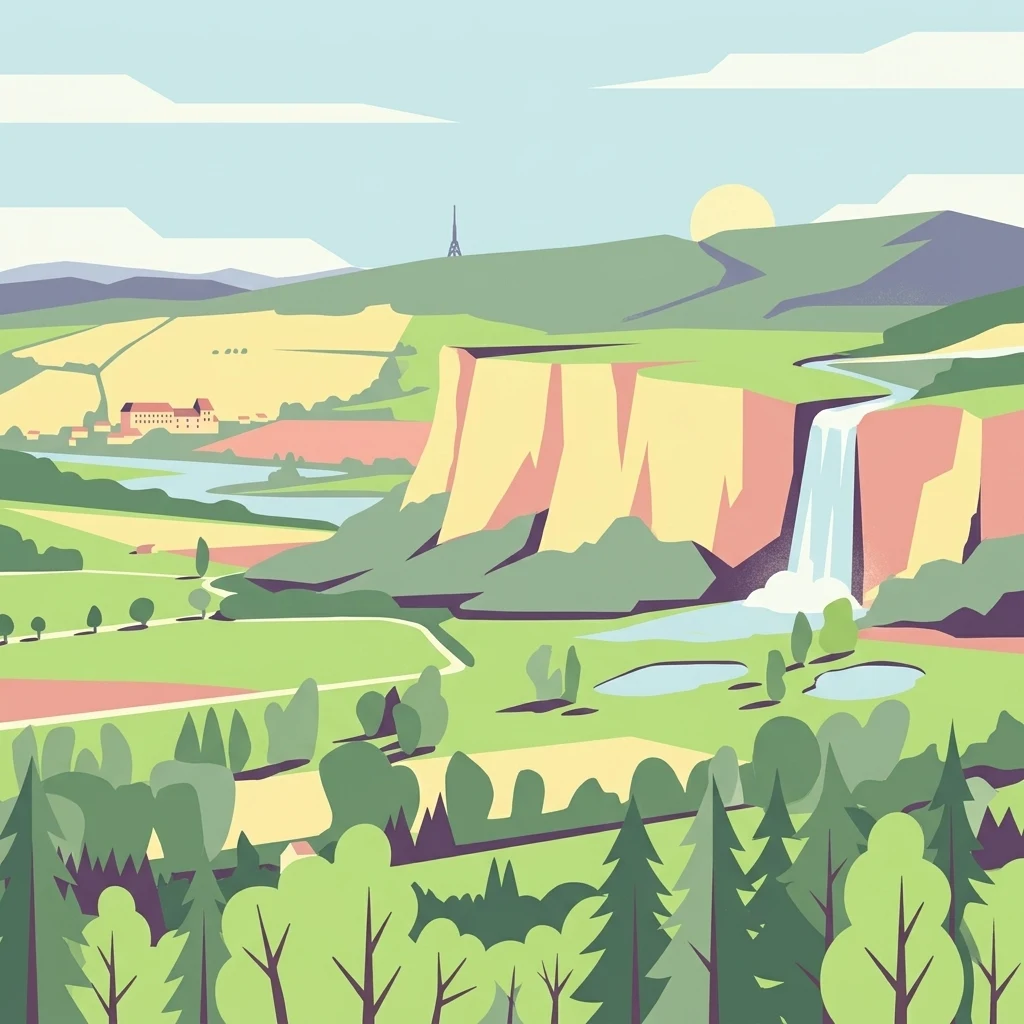 Una ilustración vectorial estilizada de un paisaje de valle con un río, altos acantilados con una cascada, colinas verdes onduladas y un pequeño edificio en la distancia.