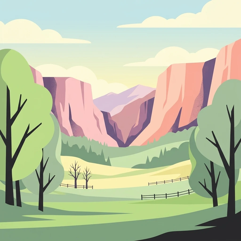 A flat-style digital illustration of a valley landscape, featuring green meadows, stylized trees, a wooden fence, and steep pinkish cliffs under a pale sky.