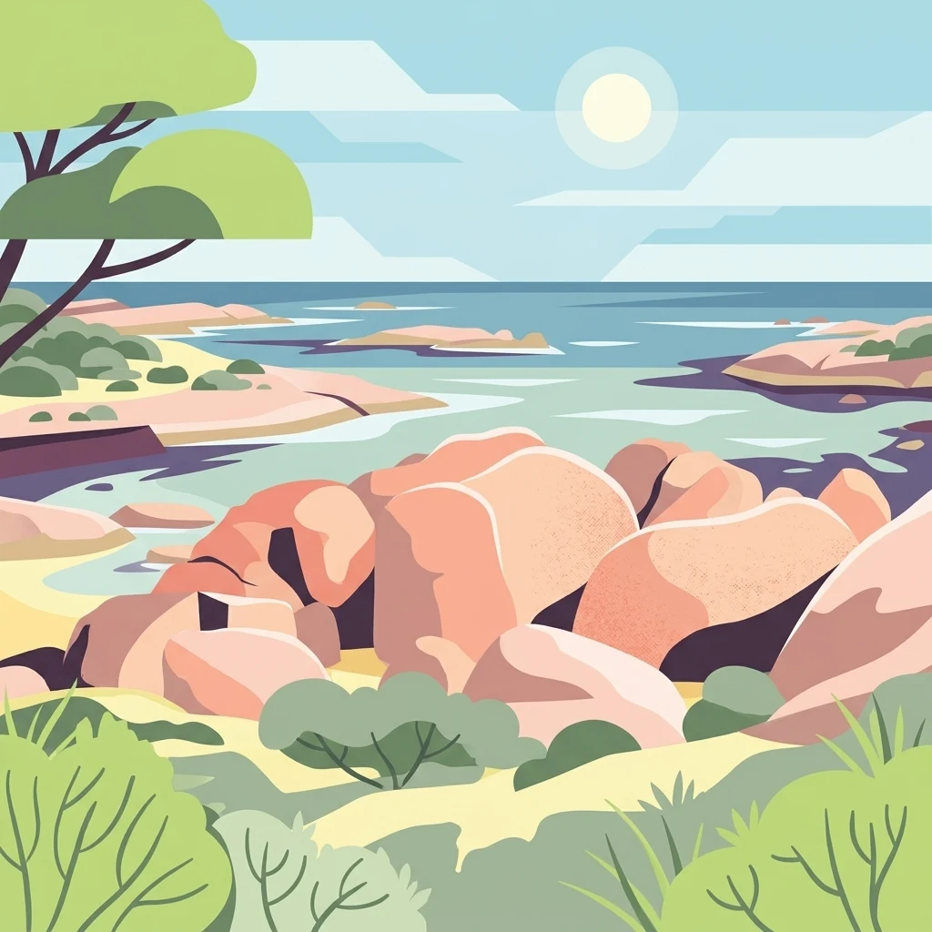 Illustration of large coastal boulders, ocean, and vegetation under a bright sun