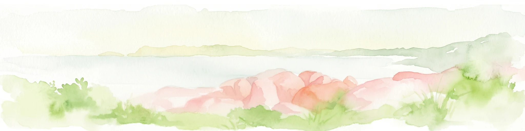 Ilustración en acuarela de un paisaje costero con vegetación verde, formaciones rocosas rosadas y una masa de agua tranquila