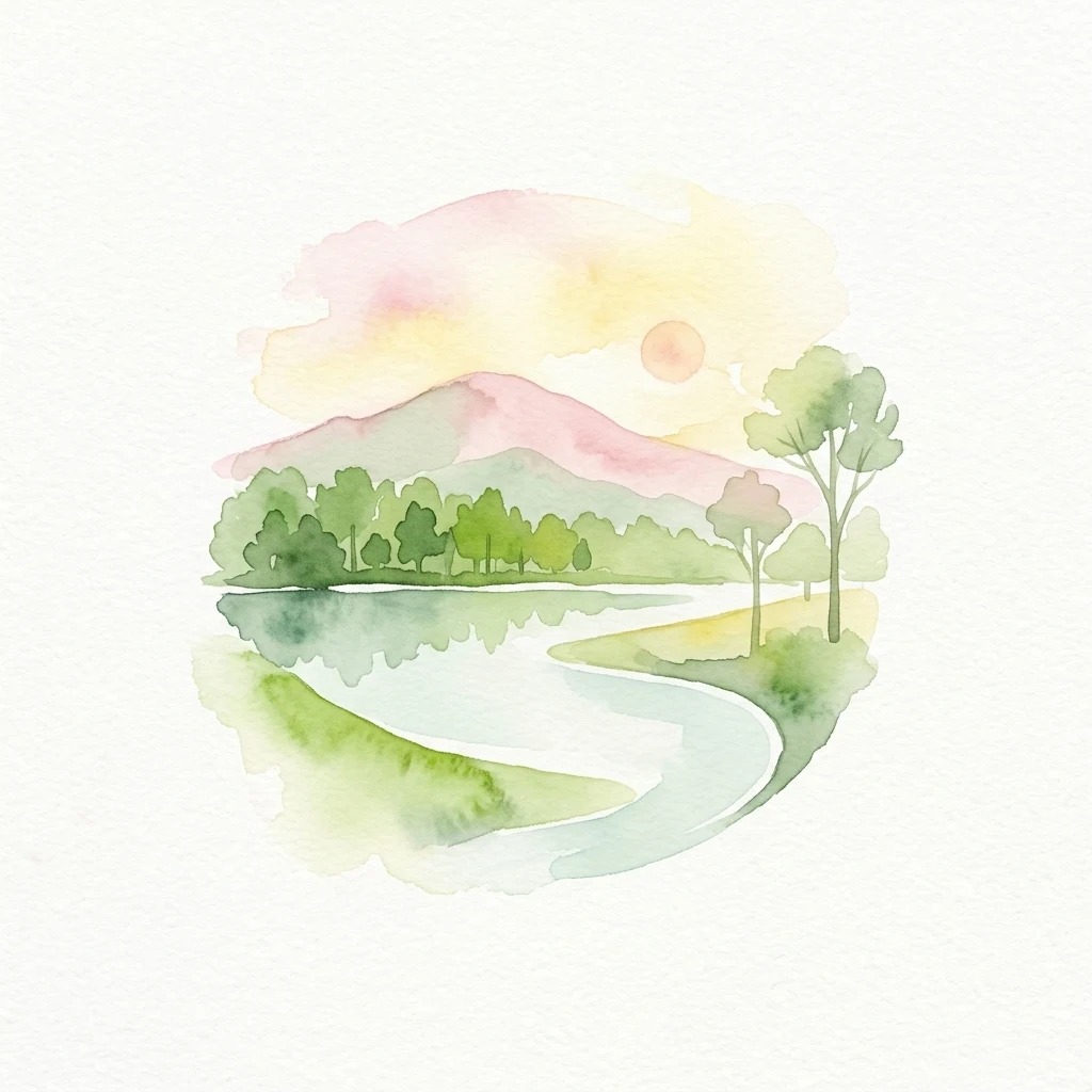 Watercolor illustration of a river flowing through a forested area with a mountain in the background and a sunset sky