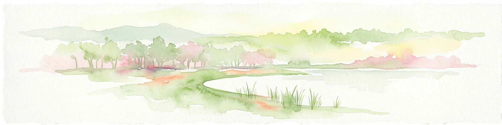 Ilustración en acuarela de un paisaje con un lago, zonas de hierba, árboles y colinas lejanas bajo un cielo pálido