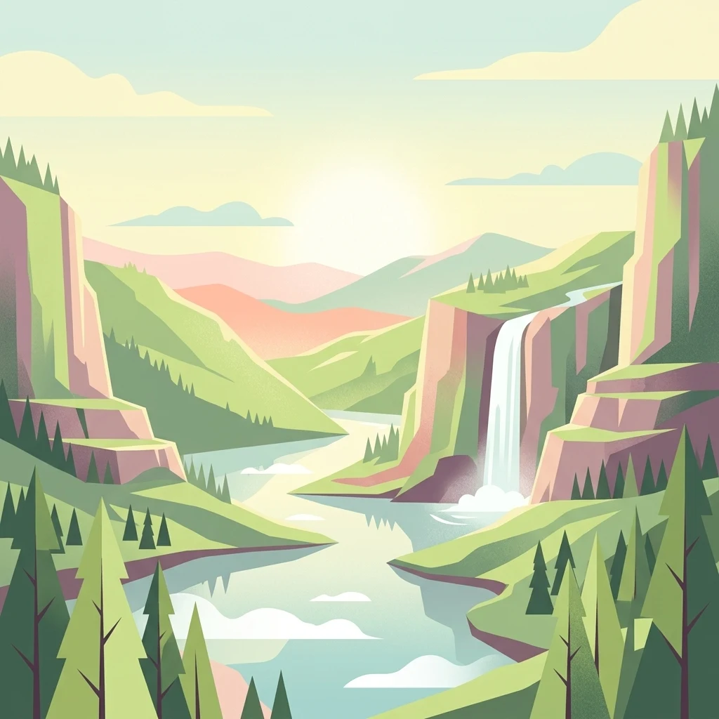 Una ilustración digital de estilo plano que muestra un río serpenteando por un valle entre acantilados escarpados cubiertos de árboles, con una cascada que cae al río al amanecer.