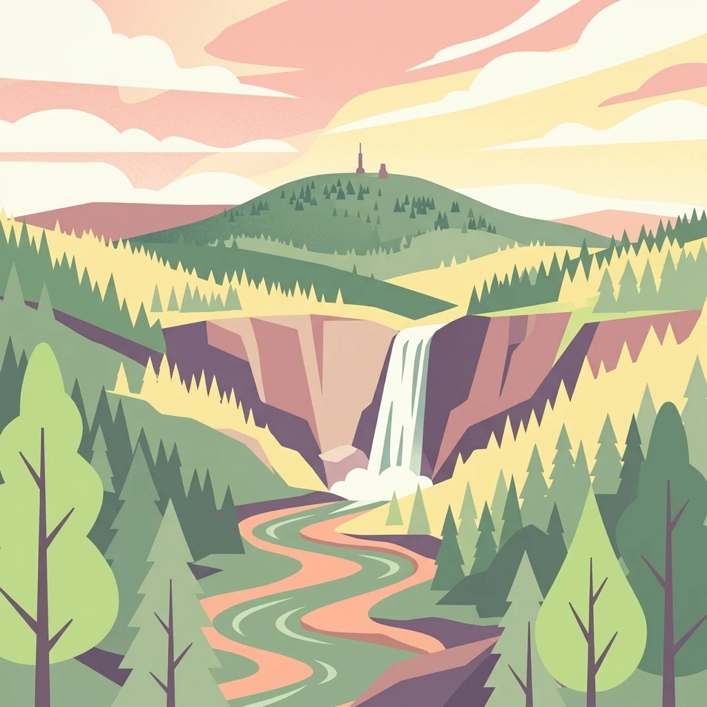 Una ilustración vectorial de estilo plano de una colina verde y boscosa con una torre de radio en la cima, con vistas a una cascada y un río serpenteante en un cañón, bajo un cielo pastel suave.