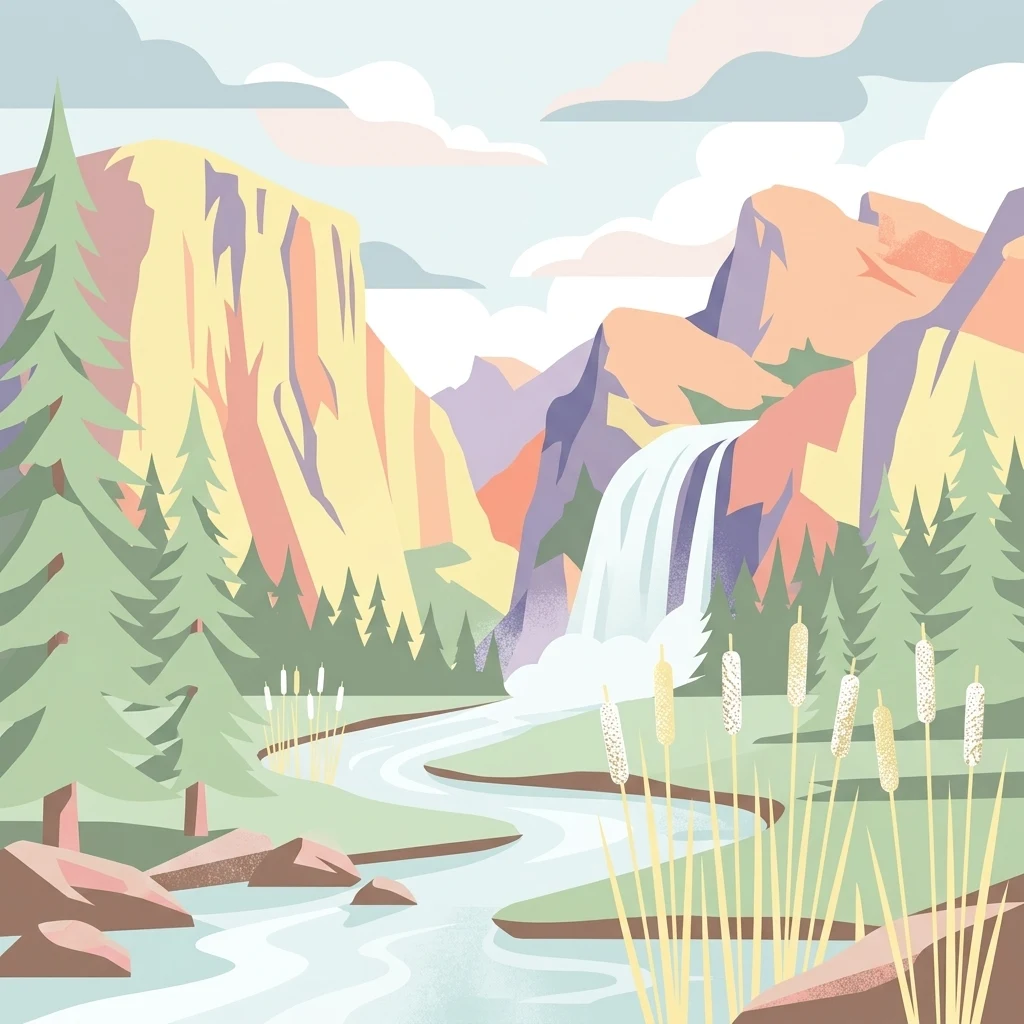 An illustration of a landscape featuring mountains, a waterfall flowing into a river, evergreen trees, and reeds in the foreground.