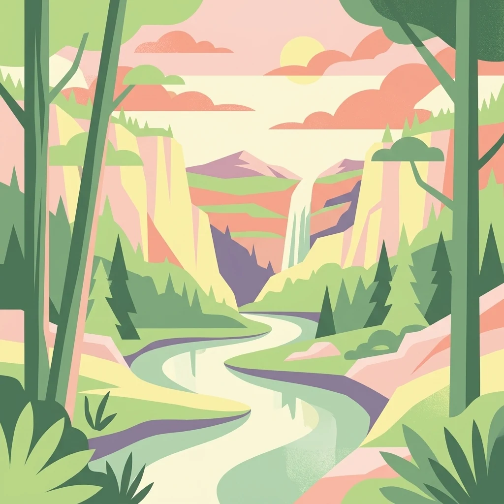 A colorful flat-design vector illustration of a mountain valley, featuring a central winding river leading to a waterfall, flanked by tall trees in the foreground and cliffs in the background.