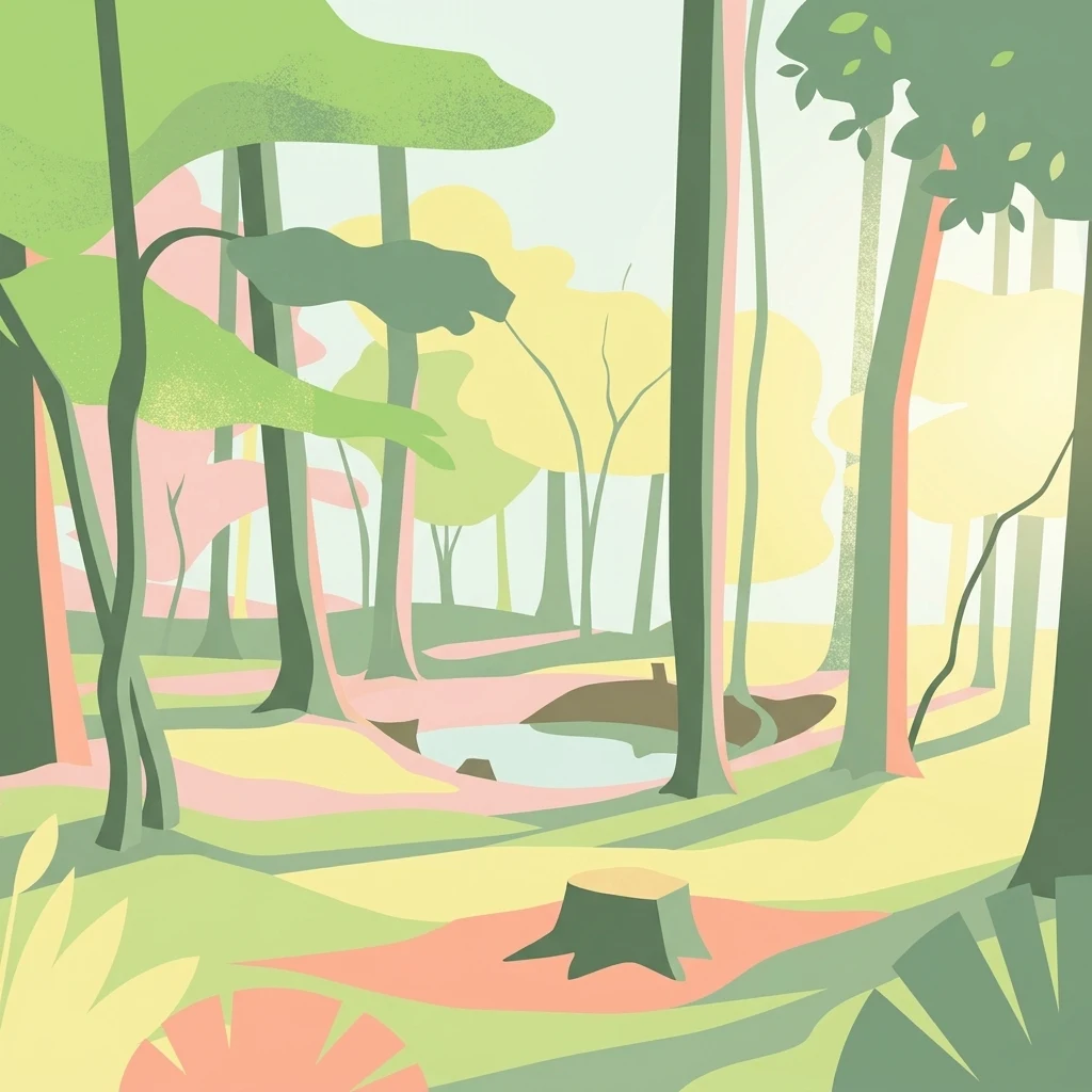 Digital illustration of a forest scene with stylized trees, a small pool of water in the middle ground, and a tree stump in the foreground, rendered in a palette of light greens, yellows, and soft pinks.