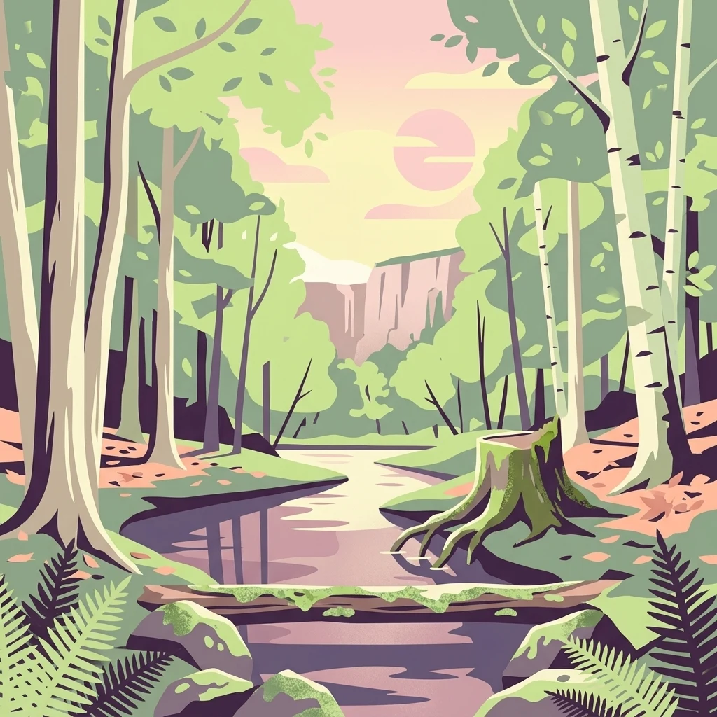 A peaceful, illustrative depiction of a winding forest river surrounded by trees, ferns, and a tree stump, with a distant ridgeline under a soft sunset sky.