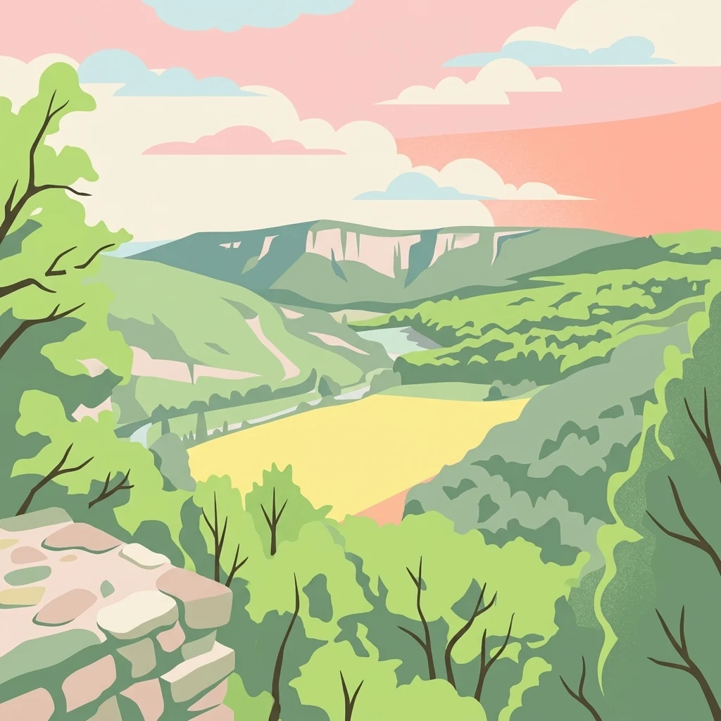 An illustrative style digital artwork showing a lush green valley with a river winding through it, framed by forested slopes under a soft pink sunset sky.