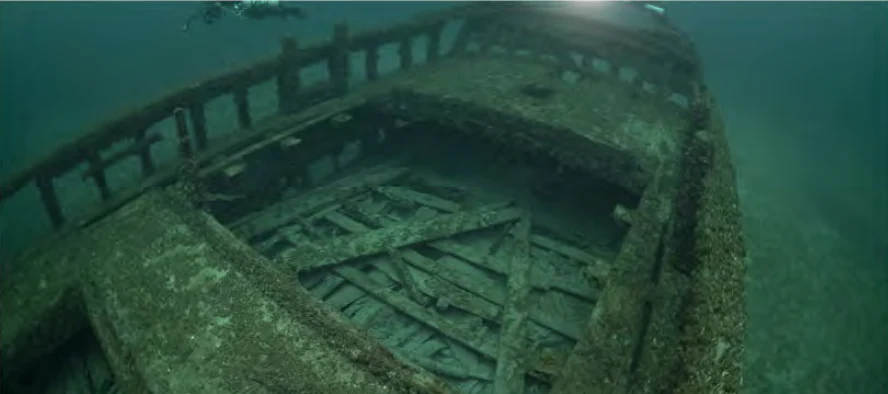 Fotografía submarina que mira hacia abajo a la cubierta y la bodega de carga de un naufragio de madera descansando en el fondo del lago.