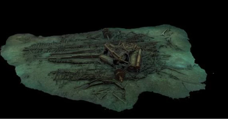 Un modelo tridimensional generado por ordenador de un naufragio submarino que muestra los restos del vapor de ruedas Niagara descansando en el lecho del lago.