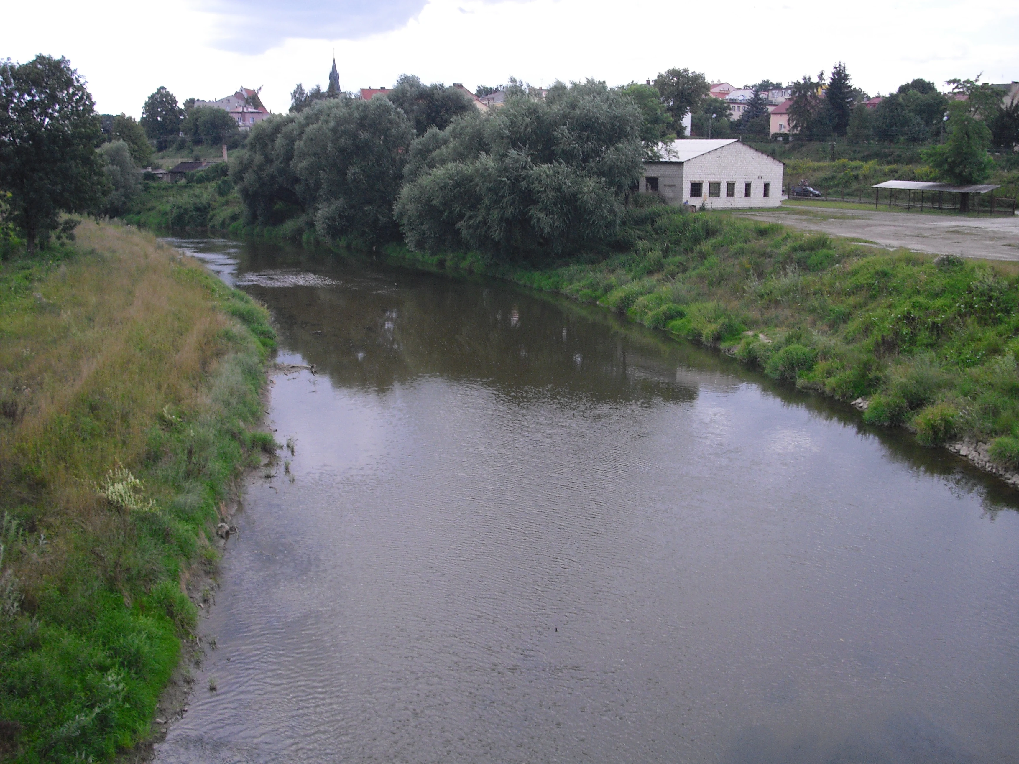 A wide, calm river flows through a green valley with a small white building and a town visible in the background under a cloudy sky.