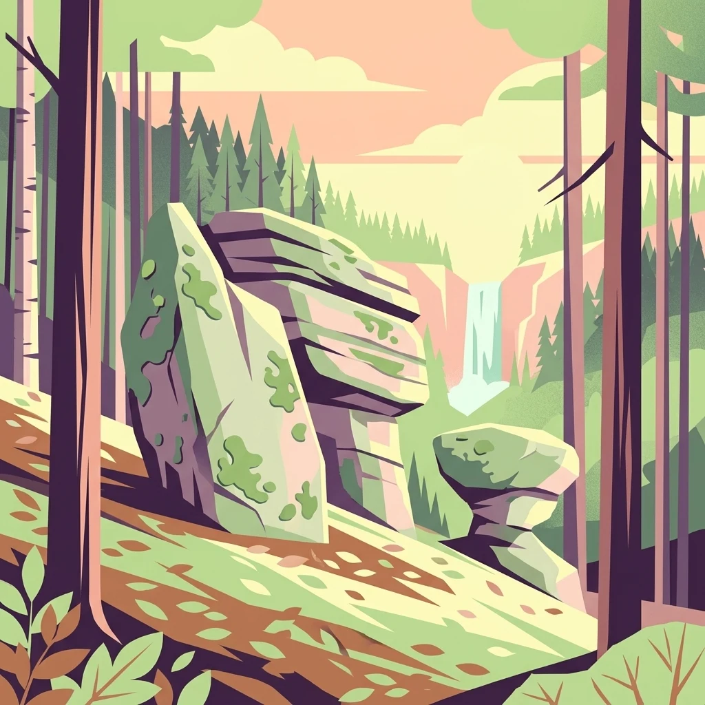A digital illustration of a forest scene with large, moss-covered sandstone rock formations in the foreground, coniferous trees in the distance, and a small waterfall visible in the background.