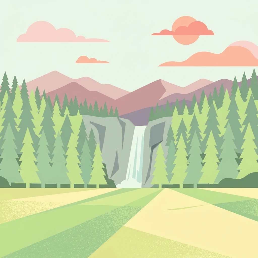 A flat-style digital illustration showing a landscape with a foreground meadow, a dense conifer forest, a central waterfall cascading from a cliff, and distant mountains under a soft sun.