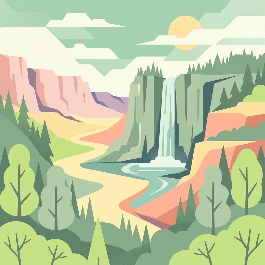 A graphic illustration showing a waterfall flowing over a cliff into a river, surrounded by pine trees and distant hills under a pale sun.